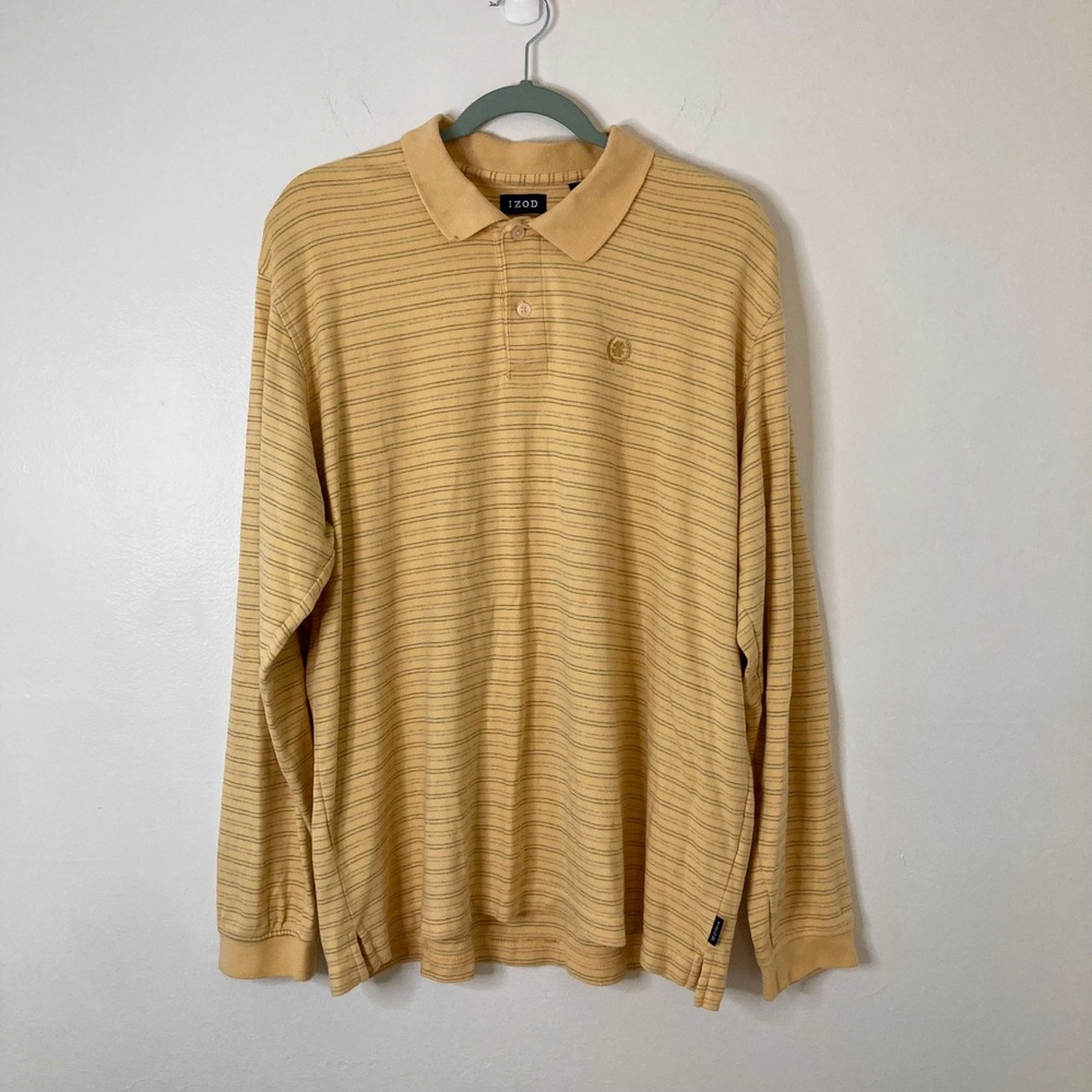 IZOD Long Sleeve Polo Shirt Yellow Striped Cotton Pinstripe Top XL Preppy Rugby